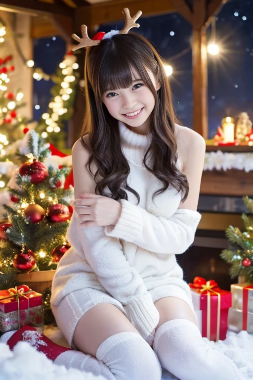 (Best Quality,4K,hight resolution,masutepiece:1.2),Realistic,Christmas,girl (),Hugging a big teddy bear,stuffed animal,Wear warm clothes,Snow falling in the background,Winter wonderland,Joyful expression,Magical atmosphere,Soft lighting,Vivid colors,Happiness,laught,Welcoming environment,Warmth,Smiling eyes,Curly hair,Shimmering decoration,Twinkling lights,toy train set,wrapped present,Rooftop with Santa Claus and reindeer flying in the distance,magic snowflake,christmas tree with ornaments,log cabin,curl up near the fireplace,hot chocolate with marshmallows,Peace and quiet,Excitement and anticipation,Snowy landscape,childhood innocence,Enchanted moments,Playful laughter,Upholstered stockings,Holiday spirit,love and togetherness.thighs thighs thighs thighs、off shoulders, open leg, white panties