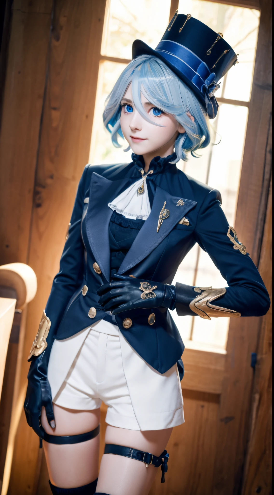 furina, furina, blue eyes, blue hair, cowlick, ahoge, hair over one eye, light blue hair, short hair,
BREAK asymmetrical gloves, black gloves, frills, gloves, half gloves, hat, shorts, tailcoat, thigh strap, top hat, white gloves, white shorts,
BREAK looking at viewer,
BREAK indoors,
BREAK (masterpiece:1.2), best quality, high resolution, unity 8k wallpaper, (illustration:0.8), (beautiful detailed eyes:1.6), extremely detailed face, perfect lighting, extremely detailed CG, (perfect hands, perfect anatomy),