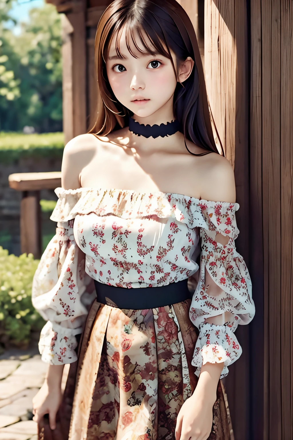 (best quality, masterpiece), 1girl, intricate details, off shoulder, skirt, choker, frills, see-through, looking at viewer, blush, upper body, blurry background, floral print, contrapposto