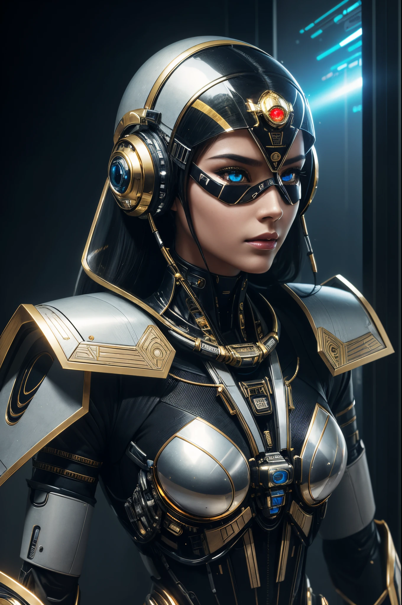 best quality, portrait of a beautiful woman i futuristic mask inspired by an ancient egypt mask, details, gold, silver, transparent limestone, stones, scarab beetle, microchips, cabels, electric glow, retro futurism, space colony in background, mecha-girl, experimental and futuristic cybernetic details, vibrant, star trek, ultra-modern, Cinematic, Ultra detailed, professional. Cybernetics, Human-machine integration, dystopian, Highly detailed, eyes covered by a transparent visor, transparent eye protection