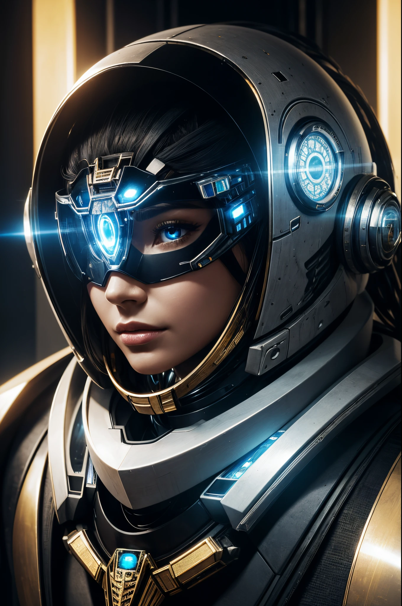 best quality, portrait of a beautiful woman i futuristic mask inspired by an ancient egypt mask, details, gold, silver, transparent limestone, stones, scarab beetle, microchips, cabels, electric glow, retro futurism, space colony in background, mecha-girl, experimental and futuristic cybernetic details, vibrant, star trek, ultra-modern, Cinematic, Ultra detailed, professional. Cybernetics, Human-machine integration, dystopian, Highly detailed, eyes covered by a transparent visor, transparent eye protection