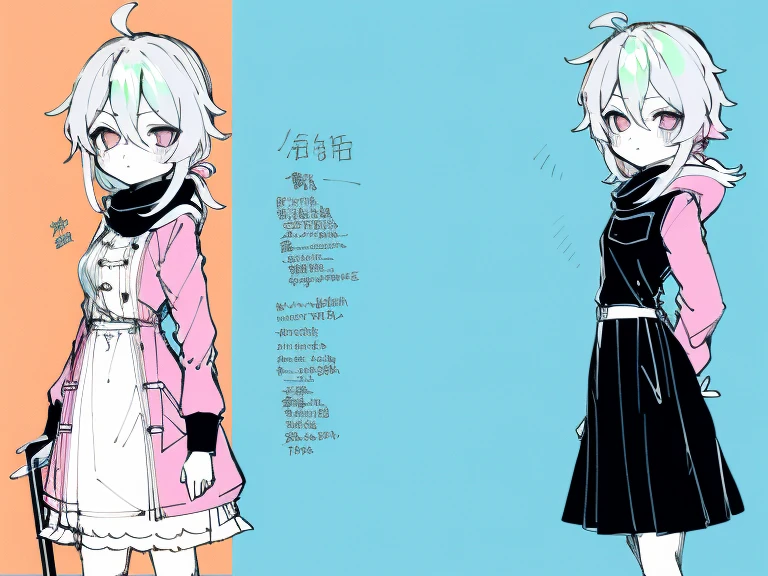 supreme， green down jacket，lime color hair，pink eyes，Standing on your feet，submachine gun，Chinese girl design，Detailed Genshin graphics，anime character design，anime concept art，pretty anime character design，anime character reference sheet，[Character design]，Character Sheets, Three types，Shot Full Body，Game Character Design，than a little flying moon，Girl in sunglasses and beans，Victorizo ∨TSE∨，Orange background,Stylistic expression, Character Sheets, Three types，Shot Full Body，Game Character Design，Victorizo ∨TSE∨,Stylistic expression, pastel colours, Green, Toxic Green, absurdress, Full of Details,2 d anime style, anime moe art style, Jazz & Sublime, cute art style, Anime-style illustration, pixiv style, pixiv, in anime style, anime art style, Full Body Commission, neon colors, neon green, The same character, absurdress,traditional Chinese clothing,Full of Details, ((Character design sheet,same character,front,side,backboollustartion, big weapon, Cyborg, baggy clothes, Hot pink, long pink hair, baggy clothes ， Insulated jacket &quot;snowman&quot;，anime character reference sheet，[Character design]，full height