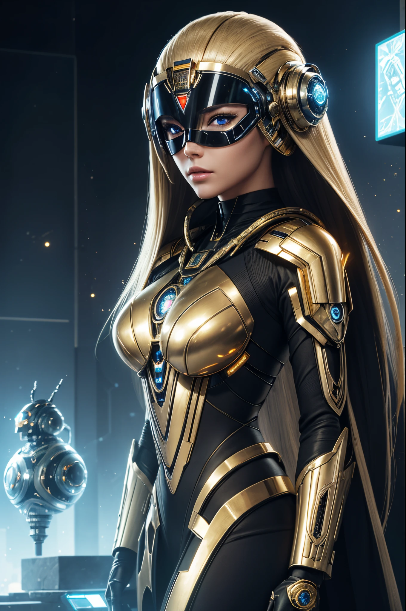 best quality, portrait of a beautiful woman i futuristic mask inspired by an ancient egypt mask, details, gold, silver, transparent limestone, stones, scarab beetle, microchips, cabels, electric glow, retro futurism, space colony in background, mecha-girl, experimental and futuristic cybernetic details, vibrant, star trek, ultra-modern, Cinematic, Ultra detailed, professional. Cybernetics, Human-machine integration, dystopian, Highly detailed, eyes covered by a transparent visor, transparent eye protection, blond hair, scandinavian look