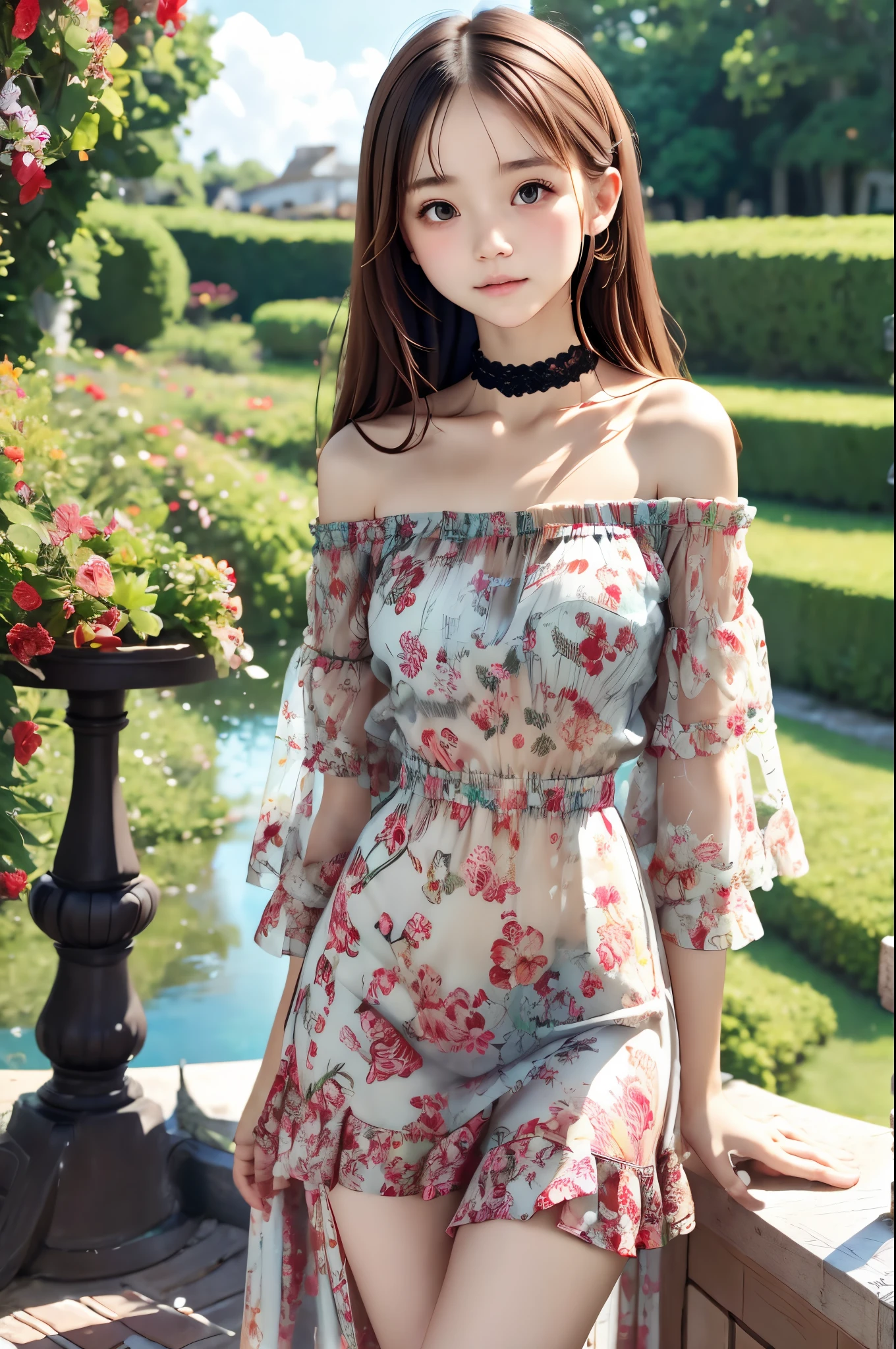 (best quality, masterpiece), 1girl, intricate details, off shoulder, skirt, choker, frills, see-through, looking at viewer, blush, upper body, blurry background, floral print, contrapposto