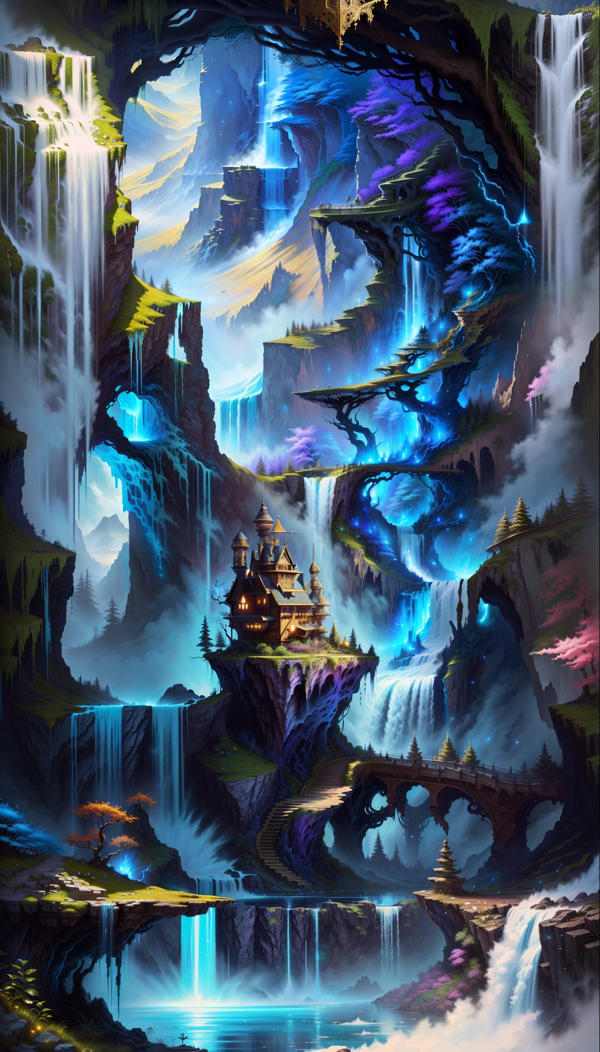 a painting of a waterfall with a waterfall in the middle, detailed fantasy digital art, magic fantasy highly detailed, highly detailed fantasy art, beautiful detailed fantasy, magical environment, magical background, magical landscape, intricate fantasy painting, detailed fantasy art, detailed dreamscape, fantasy highly detailed, detailed fantasy illustration, 4k highly detailed digital art, beautiful fantasy painting, magical fantasy forest