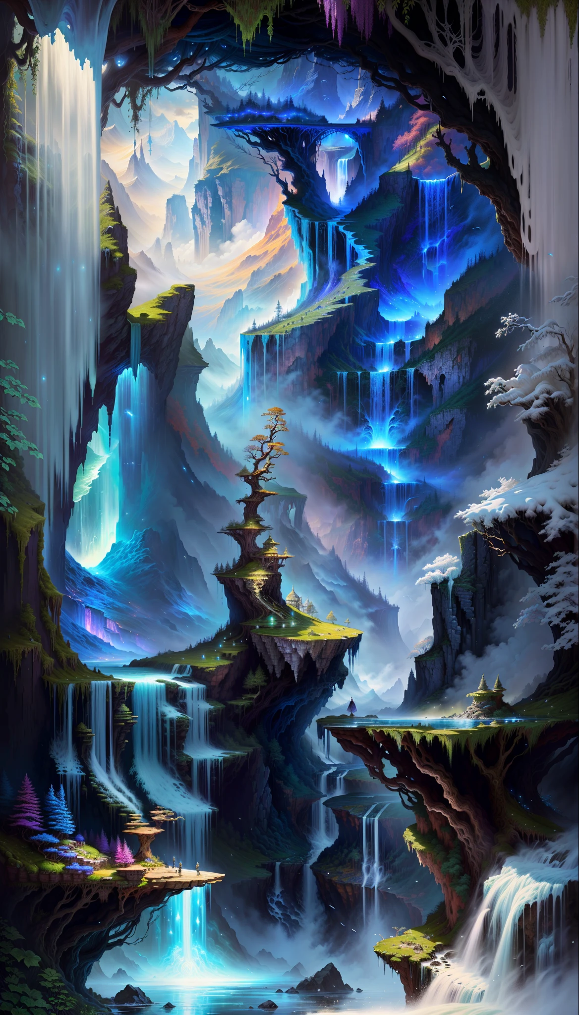 a painting of a waterfall with a waterfall in the middle, detailed fantasy digital art, magic fantasy highly detailed, highly detailed fantasy art, beautiful detailed fantasy, magical environment, magical background, magical landscape, intricate fantasy painting, detailed fantasy art, detailed dreamscape, fantasy highly detailed, detailed fantasy illustration, 4k highly detailed digital art, beautiful fantasy painting, magical fantasy forest