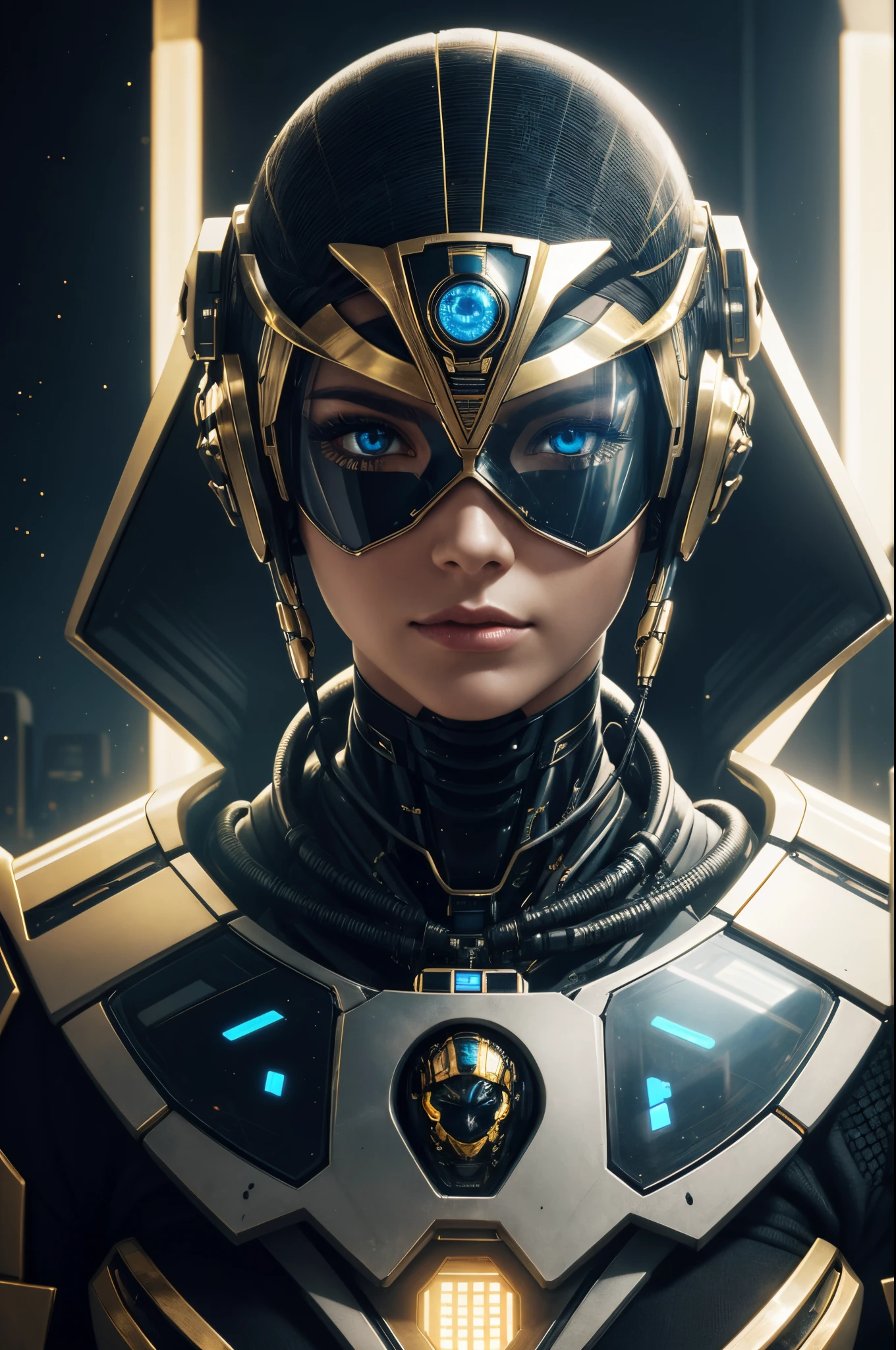best quality, portrait of a beautiful woman i futuristic mask inspired by an ancient egypt mask, details, gold, silver, transparent limestone, stones, scarab beetle, microchips, cabels, electric glow, retro futurism, space colony in background, mecha-girl, experimental and futuristic cybernetic details, vibrant, star trek, ultra-modern, Cinematic, Ultra detailed, professional. Cybernetics, Human-machine integration, dystopian, Highly detailed, eyes covered by a transparent visor, transparent eye protection, blond hair, scandinavian look