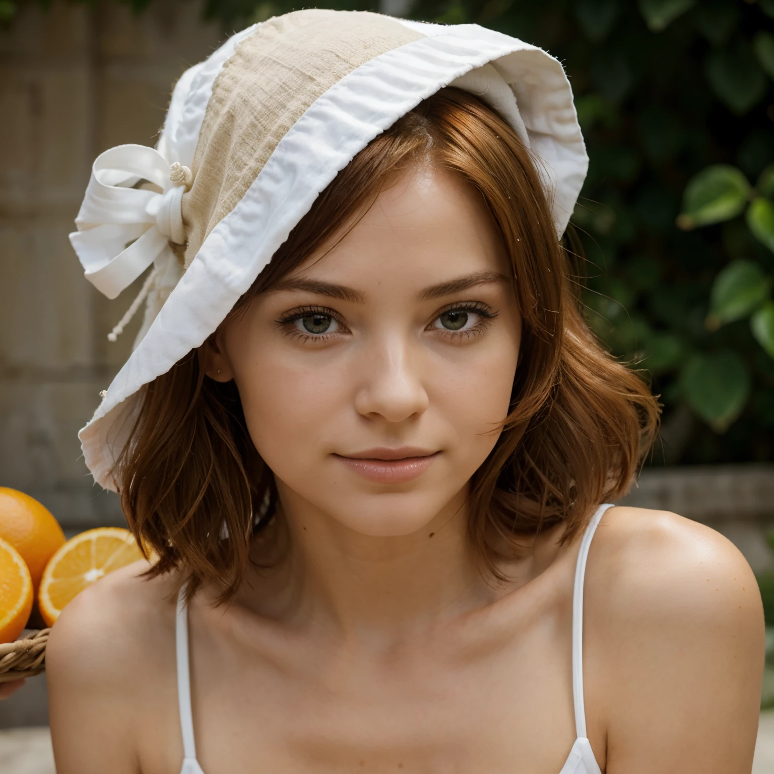 Jeune femme petite, aux cheveux roux and bad coiffés, yeux oranges, sourit, seins bonnet D, debardeur d'white eté, jupe verte, saute