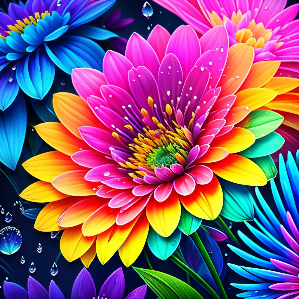 Close up of bunch of flowers with water droplets, a magical colorful flower, rich floral color, magical flowers, Vivid and rich colors, Colorful Alien Flora, colorful flower, Colorful flowers, Colorful HD Drip, Vivid and colorful, beautiful art uhd 4 k, beautiful and colorful, neon flowers, Strong and vibrant colors, colorful and vibrant, intricate vibrant colors