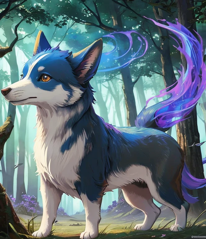 Surreal blue and purple Welsh corgi, thin body, heroic, fierce, cinema, internal glow, oil painting, detailed fur, vibrant colors, dreamlike atmosphere, otherworldly eyes, floating in the air, magical landscape, ethereal lighting, mystical aura, majestic presence, artistic brushstrokes, fantasy elements, enchanted forest, glowing plants, surreal sky, captivating composition, breathtaking scenery, cinematic masterpiece, astonishing details, mesmerizing beauty, profound symbolism, imaginative storytelling, mysterious charm, whimsical creation, surrealistic tones, extraordinary depth, symbolic significance, evocative mood, surrealistic elements, compelling visual narrative, awe-inspiring artistry