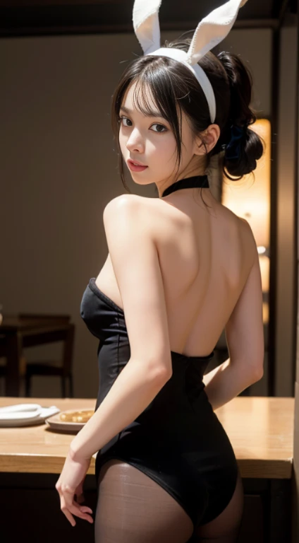 (8K, RAW Photos, of the highest quality, Masterpieces), High detail RAW color photo professional photograph, (Realistic, Photorealism: 1.37), (Highest Quality), (Best of darkest illustrations), ((captured from behind:1.4))、((Cute, Beautiful, Ultra High Resolution, High Definition CG Unified 8K Denden Wallpaper, Physically Based Rendering, Movie Lighting), analog style, Elegant, grateful, UHD 8K, Digital SLR, FujifilmXT3, Vibrant, Candid, Dramatic immersive sunset, (Detailed face, Skin Texture), Film grain, Natural light, looking in camera,(Idol face), (1 japanese girl),((a photo of girl, 16 yo)), ((long:1.4)),((black linen velvet bunny earband:1.4))、((linen velvet strapless leotard:1.4)), ((Black, rough mesh pantyhose:1.4))、((black wrist cuffs:1.4)),(thick thighs), ((Looking at Viewer:1.1)),((Cowboy Shot)),so sexy, Very beautiful, very very kawaii, ((work as a waiter in a club:1.4)), wakame、((terrified expression:1.4))、