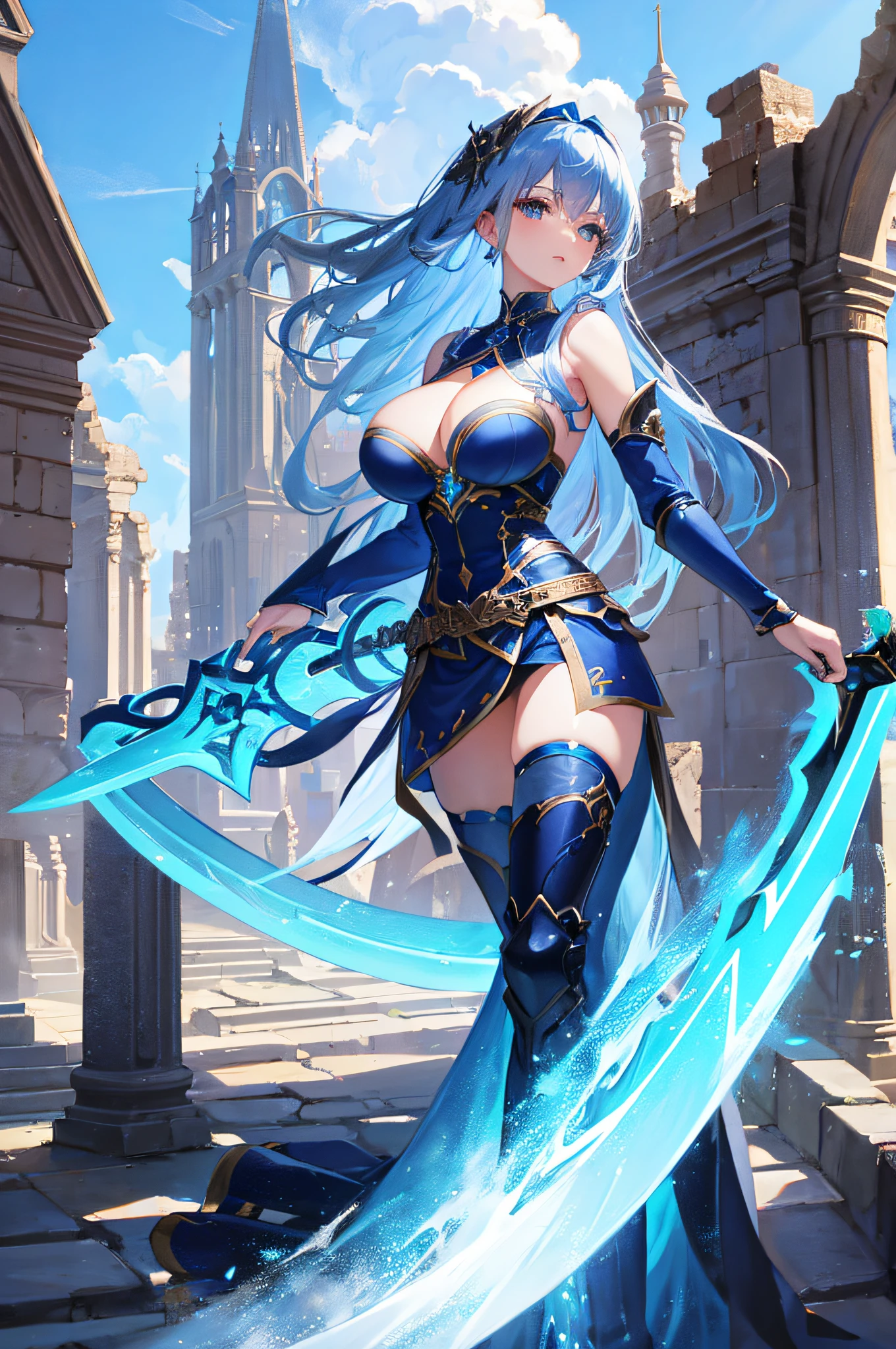 4K,hight resolution,One Woman,Blue hair,Longhaire,rather large breasts,Blue and silver dress,Fantasy Armor,Big sword,Ancient ruins,blue-sky