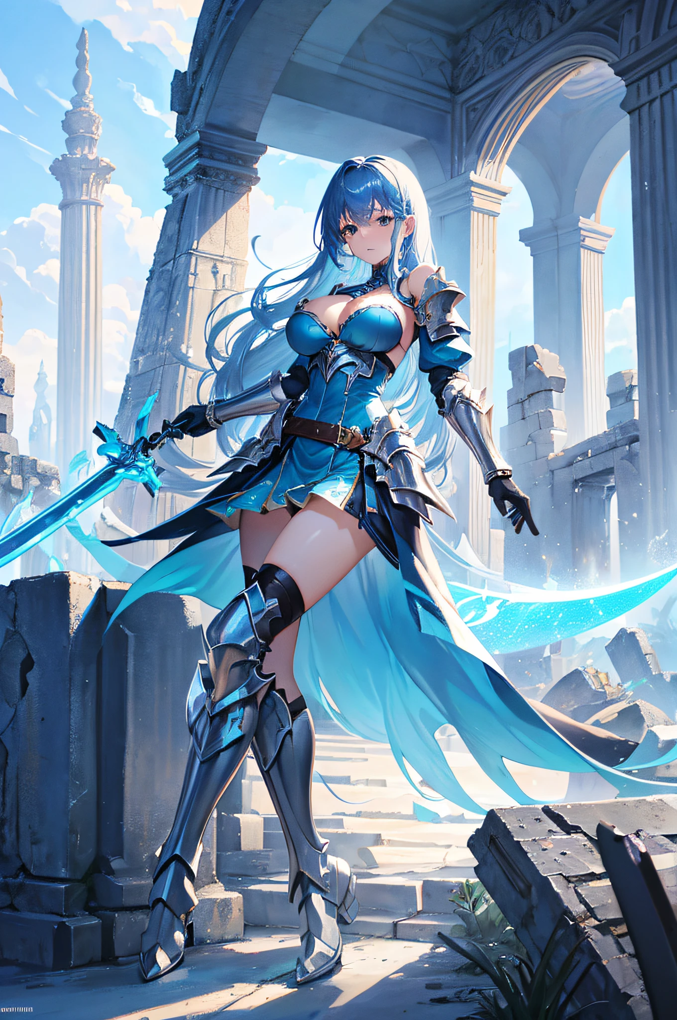 4K,hight resolution,One Woman,Blue hair,Longhaire,rather large breasts,Blue and silver dress,Fantasy Armor,blue and silver long boots,Big sword,Ancient ruins,blue-sky