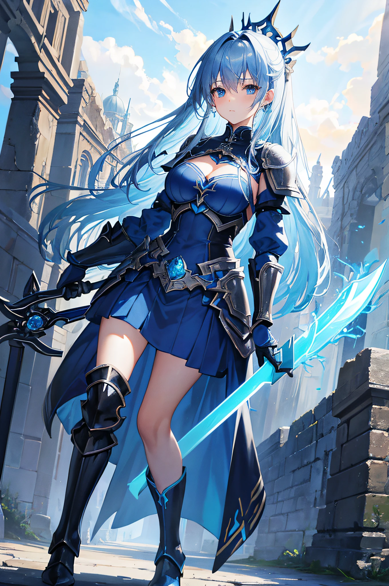 A young girl with long blue braids,Armor Mask,Chest,cleavage,Azure Armor,Full body tights,Iron skirt,thigh,iron boots,ice,sword,Urban ruins