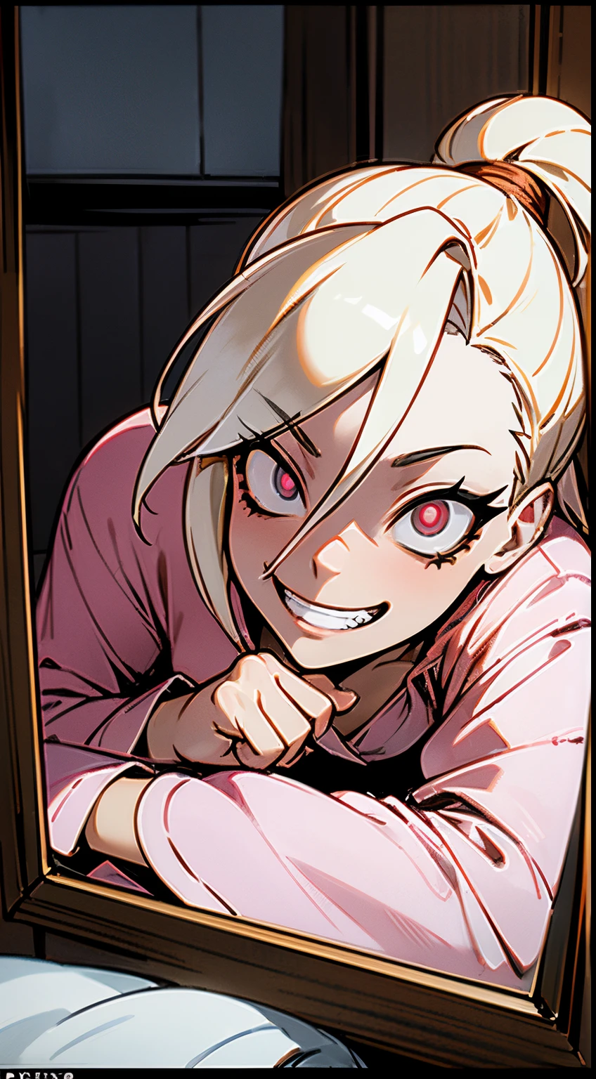 4K ultra high resolution image, Young Ino Yamanaka possessed by middle aged man, glowing red eyes, evil grin, lolicon, small breast horrifying dark scene, in a bedroom, looking at own face in the mirror pov,  breast squeeze, wearing pajamas,