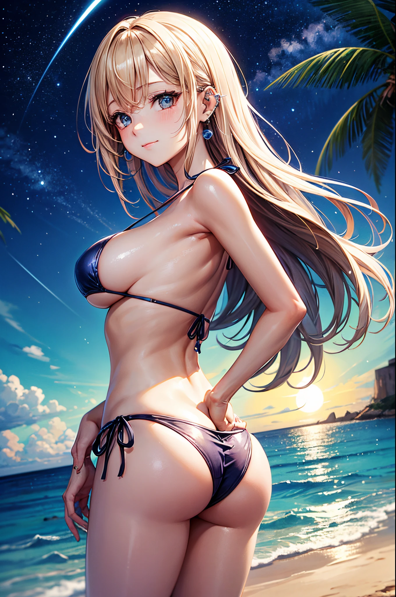 realisitic、top-quality、 1 人、25-years old、Light colored hair、piercings、Shy face、Fancy Bikini、beautiful boob 、sexypose、s ass、night sandy beach、Particles of light、profetional lighting、blue open sky、Beautiful