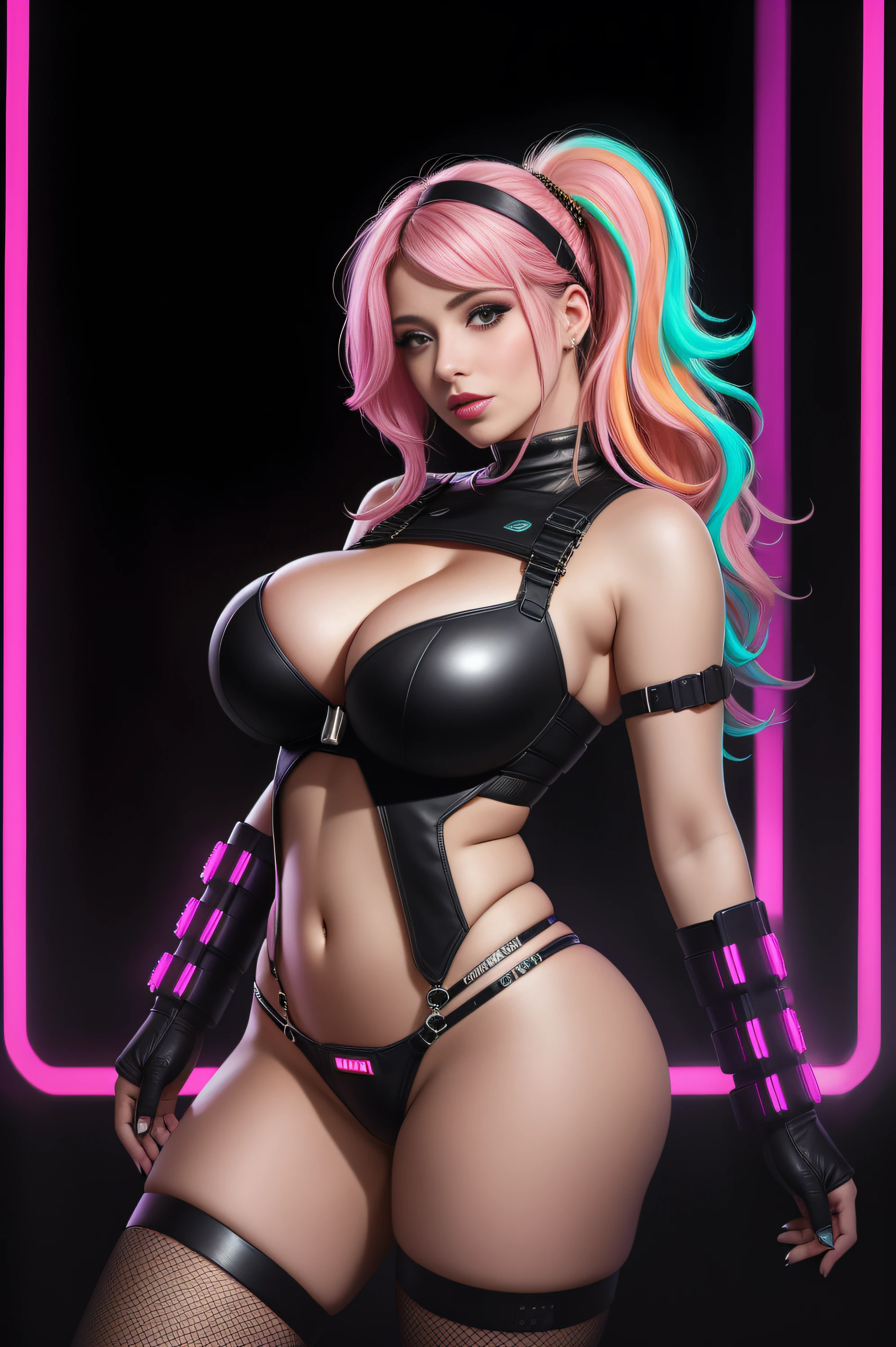 there  Holly Willoughby standing, neon streaked hair, 3 d neon art of a womans body, neon-noir background, cyberpunk femme fatale, seductive cyberpunk dark fantasy, cyberpunk strip clubs, cyberpunk 20 y. o model girl, oppai cyberpunk, banner, high definition cgsociety, cgsociety masterpiece, trending on cgstation, kda, random hair, looking at camera, gigantic breasts, cleavage, (high detailed skin:1.2), 8k uhd, dslr, super lighting, high quality, film grain, high res, highly detailed, hyper realistic, beautiful face, beautiful body, beautiful eyes nose lips, alluring expression, very bold, upper boobs visible, full body photo, standing legs apart, pale translucent glowing skin, most beautiful face, cute, (well defined pubic hair:1.2)), (dark plain black background:1.4))