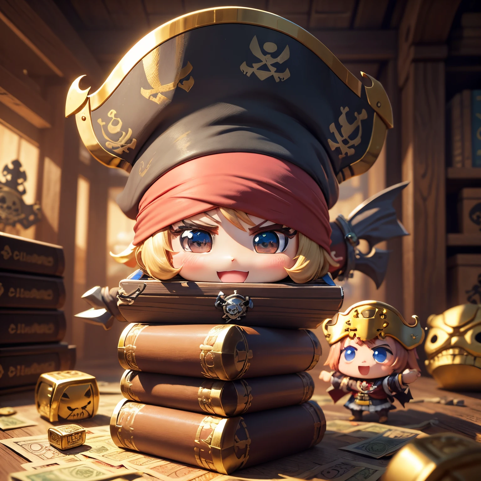 masterpiece、top-quality、ultra-detailliert、(chibi character pirate:1.2)、treasure chests、Stack of bills、pile of gold bars、Pedras preciosas、raise your hands in praise、Open your mouth and smile