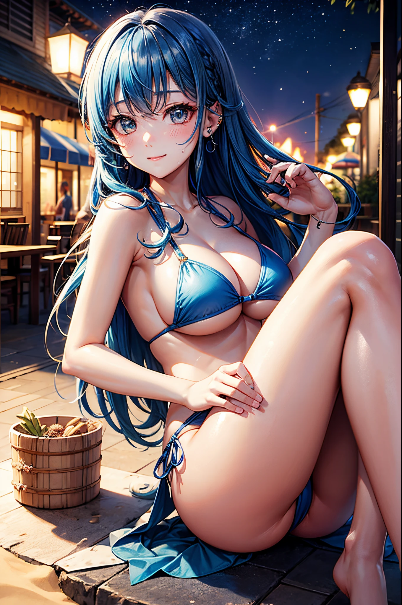 realisitic、top-quality、 1 人、25-years old、blue hair、piercings、Shy face、Fancy Bikini、beautiful boob 、sexypose、s ass、night sandy beach、Particles of light、profetional lighting、blue open sky、Beautiful、Sweating
