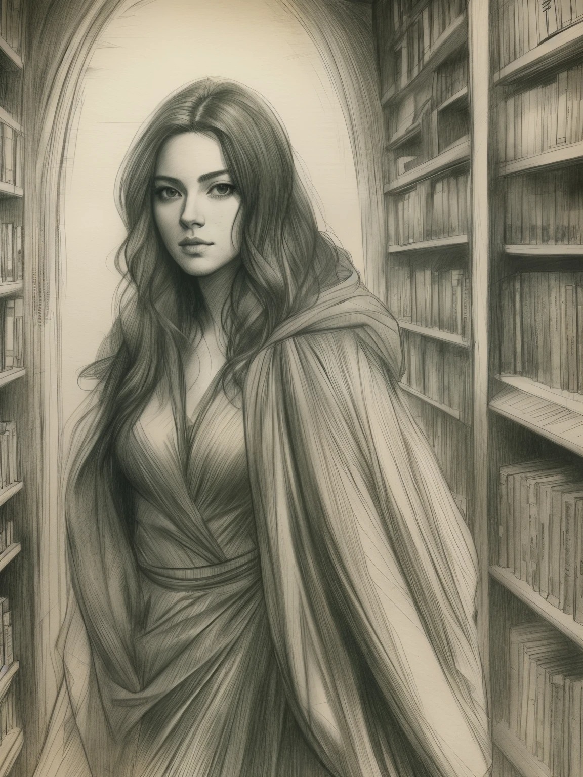 drawing of a SEXY woman, Full Body, DRAPED IN a Sexy CLOAK, FULL Body, sexy , Inside Enchanted Magical Library, Its shelves are adorned with MULTI COLORED books, realistic sketch, hyperrealistic sketch, detailed pencil sketch, pencil sketch, realistic digital drawing, detailed sketch drawing, highly detailed portrait, detailed 4 k drawing, pencil draw, highly detailed sketch, realistic drawing, extremely detailed portrait, detailed but rough, pencil drawing illustration, realism drawing, detailed sketch, sketch art,((high quality, masterpiece:1.4)), 1girl, ((Full Body)), portrait sketch, messy drawing, messy charcoal spots, unfinished sketch, sketchbook charcoal style drawing of a woman, sketchbook drawing, sketchbook, beautiful hair, beautiful face, symmetrical face, symmetrical eyes, realistic charcoal lines, imperfect drawing, charcoal crumbs, charcoal lines, imperfections, green eyed, woman wearing an enigmatic cloak, realistic