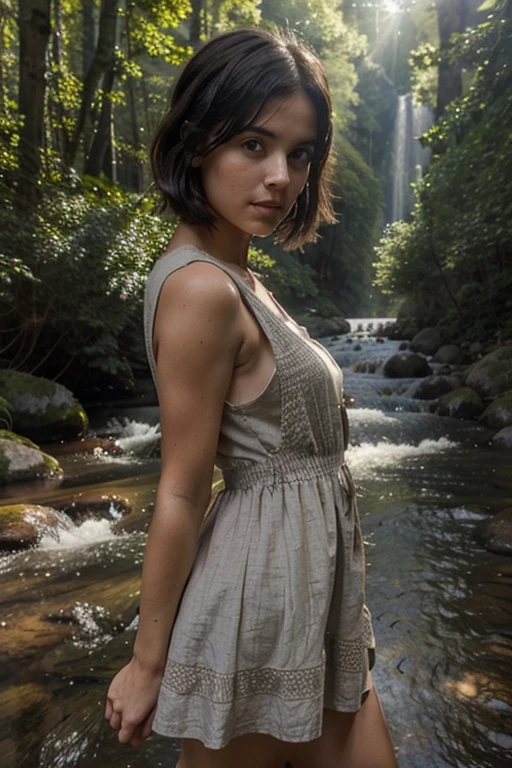 a cute girl with short, dark hair, wearing a short, simple, sleeveless dark brown crudely woven sack dress, outdoors, in the forest, mountains, streams, sunshine, clouds, god rays, with an ethereal, heavenly glow around her, a miracle, a divine representative on Earth
