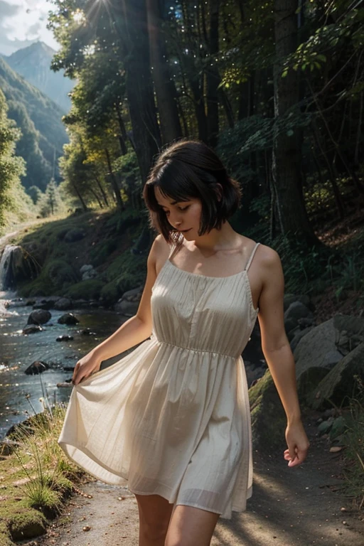 a cute girl with short, dark hair, wearing a short, simple, sleeveless dark brown crudely woven sack dress, outdoors, in the forest, mountains, streams, sunshine, clouds, god rays, with an ethereal, heavenly glow around her, a miracle, a divine representative on Earth