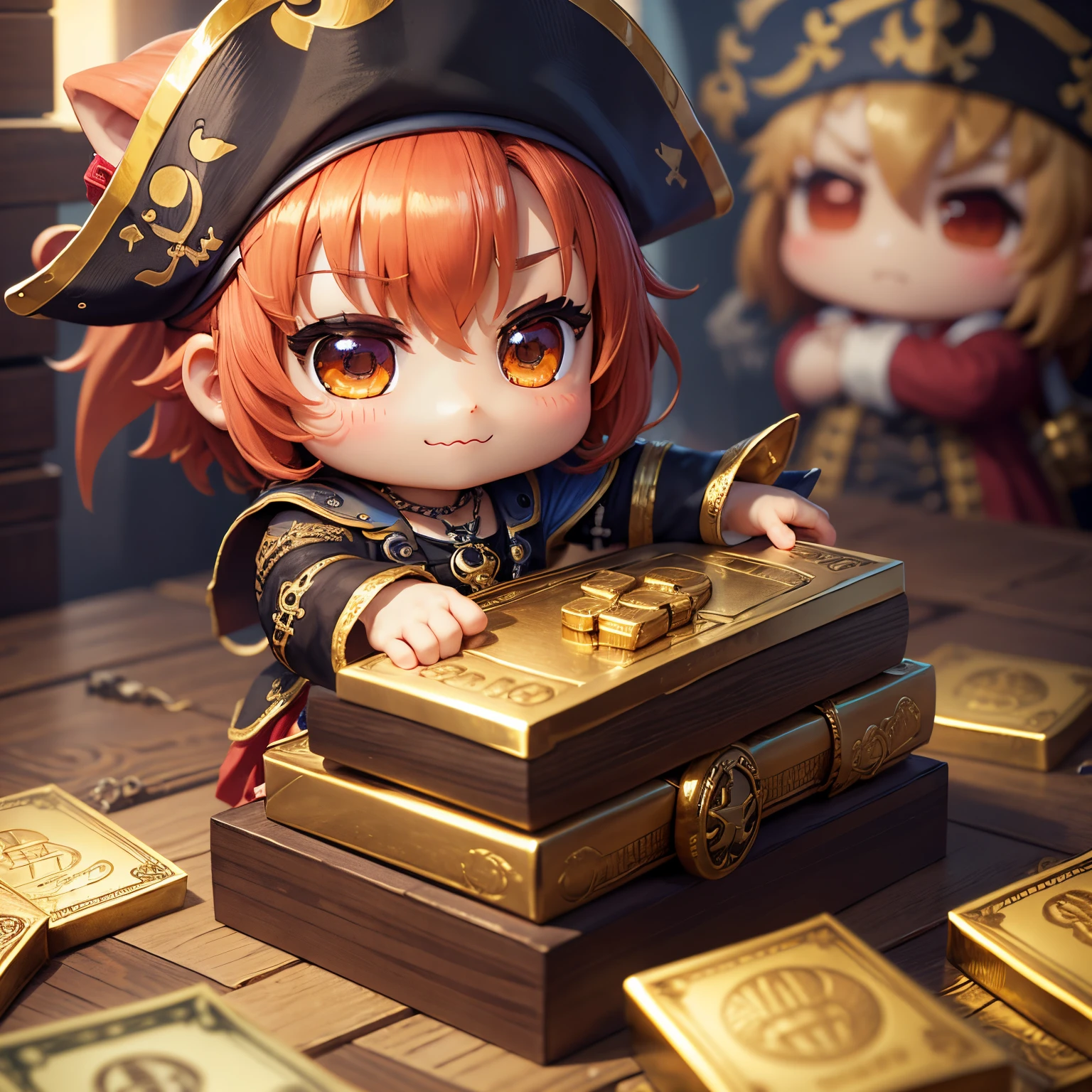 ​masterpiece、top-quality、ultra-detailliert、(Chibi Chara Pirate:1.2)、treasure chests、(Banknote pile:1.1)、(pile of gold bars:1.1)、(Pedras preciosas:1.1)、raise your hands in praise、Open your mouth and smile
