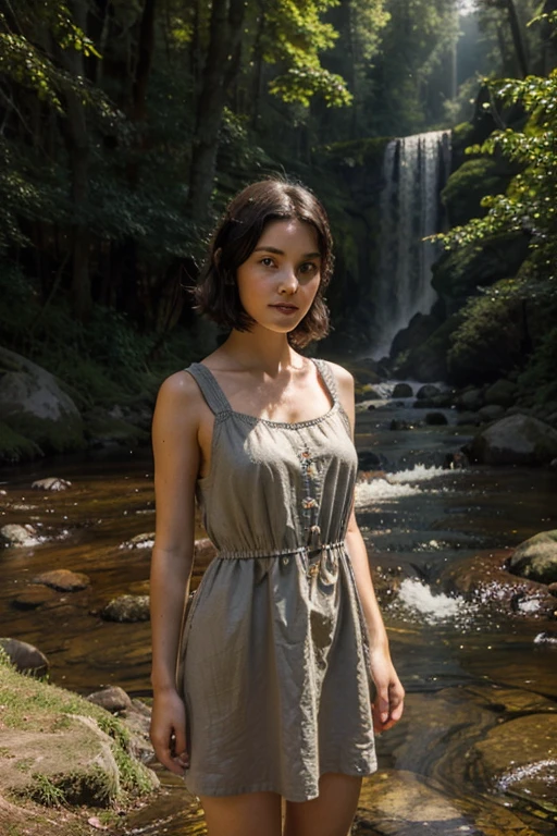 a cute girl with short, dark hair, wearing a short, simple, sleeveless dark brown crudely woven sack dress, outdoors, in the forest, mountains, streams, sunshine, clouds, god rays, with an ethereal, heavenly glow around her, a miracle, a divine representative on Earth