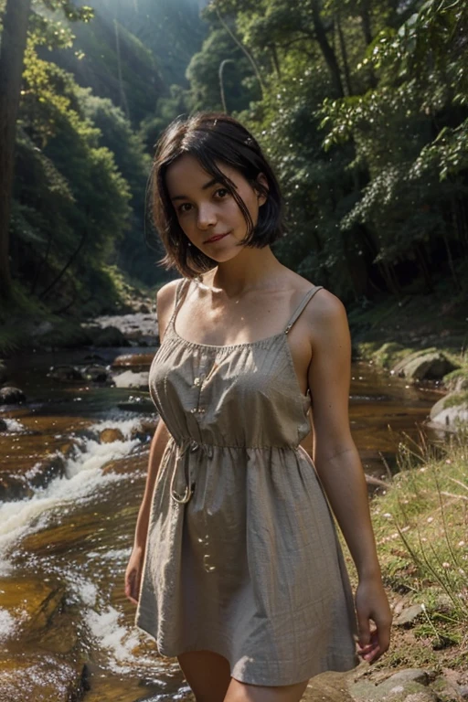 a cute girl with short, dark hair, wearing a short, simple, sleeveless dark brown crudely woven sack dress, outdoors, in the forest, mountains, streams, sunshine, clouds, god rays, with an ethereal, heavenly glow around her, a miracle, a divine representative on Earth