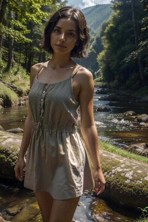 a cute girl with short, dark hair, wearing a short, simple, sleeveless dark brown crudely woven sack dress, outdoors, in the forest, mountains, streams, sunshine, clouds, god rays, with an ethereal, heavenly glow around her, a miracle, a divine representative on Earth