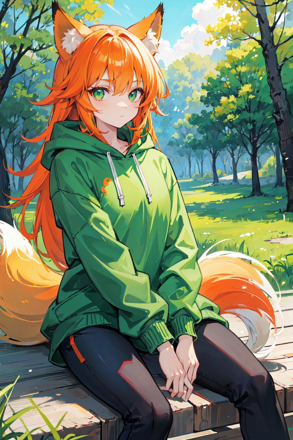 1girl, brush, green eyes, orange hair, long hair, fox ears, fox tail, green hoodie, black pants, green sneakers, 9 tails, forest, sky, sun, dynamic light, sitting, looking at viewer