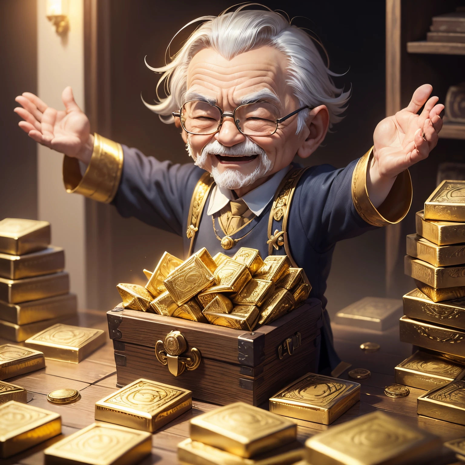 masterpiece、top-quality、ultra-detailliert、(chibi character old man:1.2)、treasure chest pile of banknotes:1.1)、(pile of gold bars:1.1)、(Pedras preciosas:1.1)、raise your hands in praise、Open your mouth and smile