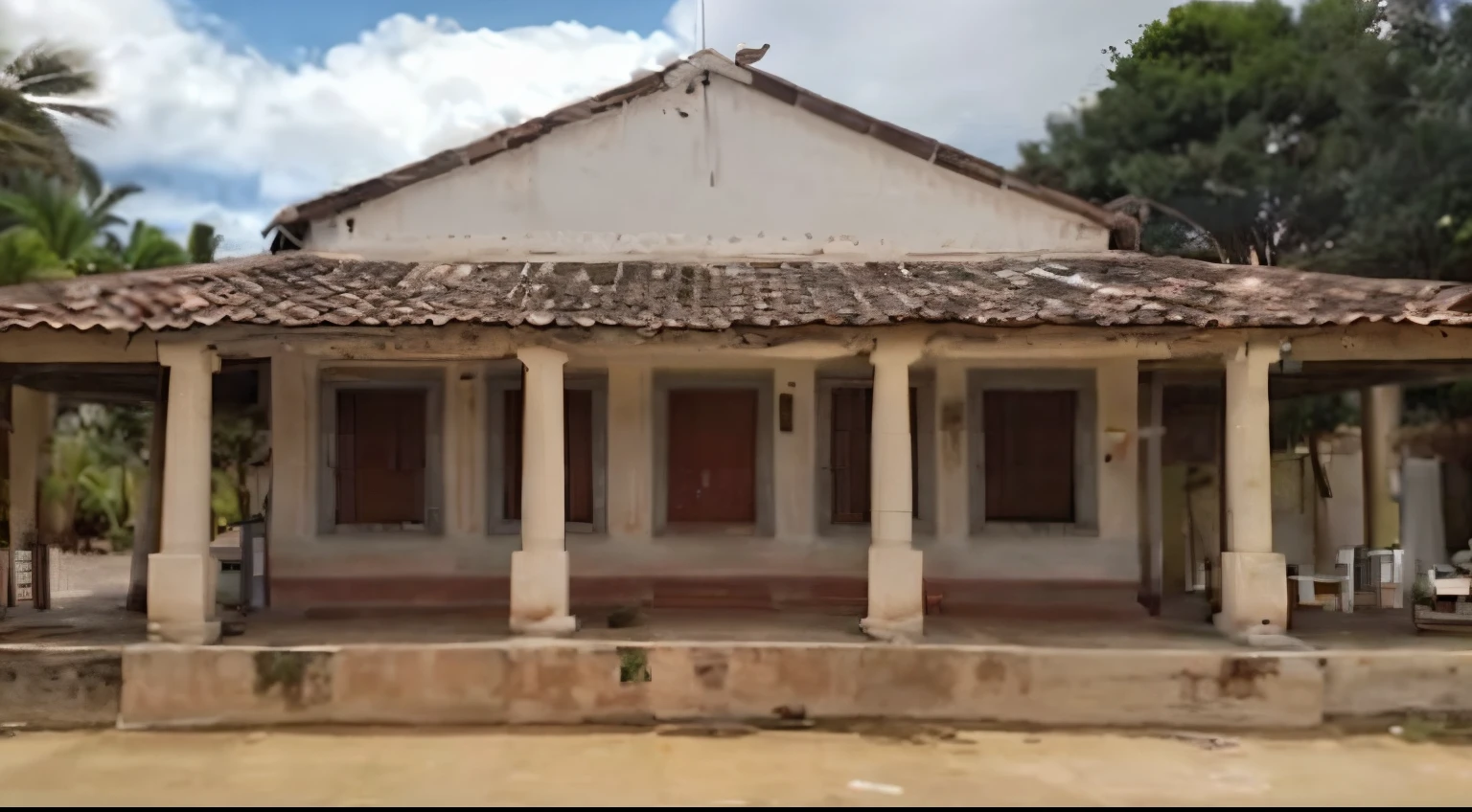 there is a small building with a tiled roof and a porch, old building, historical image, casa velha, historical setting, Casa colonial no fundo, Khedival Opera, Vista frontal, Front view, taken in the early 2020s, imagem central, old buildings, Beautiful image, historical picture, um abandonado, casa de aldeia, vista exterior