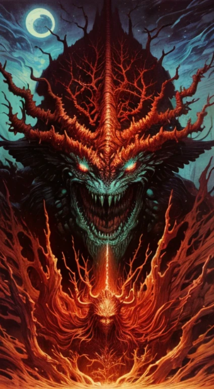 a demon with glowing eyes, gorgeous digital painting, burning trees, root, detailed glowing head, detailed realistic smiling faces, necrosis, character design, gothic, old humanoid ents, neuron, undead, in a dark, medieval old king, ghoul,  <lora:Moommst-02:1>