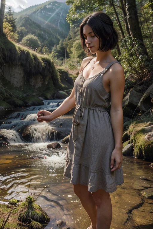 a cute girl with short, dark hair, wearing a short, simple, sleeveless dark brown crudely woven sack dress, outdoors, in the forest, mountains, streams, sunshine, clouds, god rays, with an ethereal, heavenly glow around her, a miracle, a divine representative on Earth, attending to an old man dressed in rags at her feet