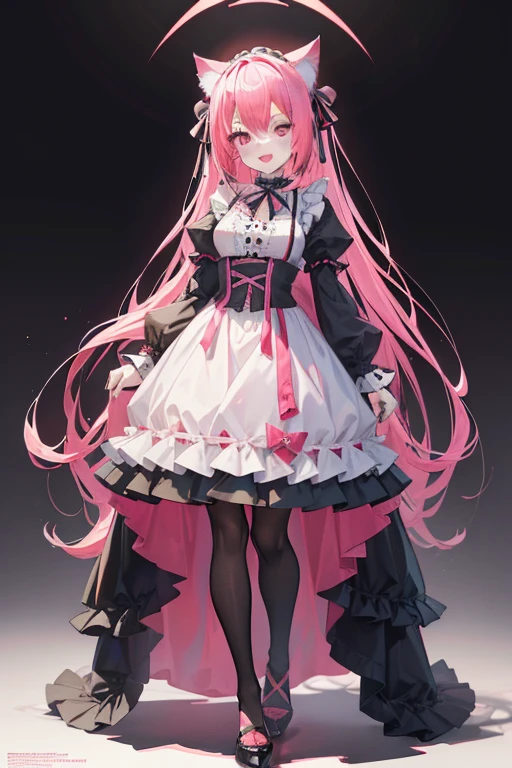 (masutepiece, Best Quality, High resolution: 1.2), 1 girl, Standing Solo, single character full body, full body concept, beautiful pink big eyes,Gothic lolita, Pink hair, Cat ears,Style ArtGerm, Full Body Detail 4K,Devilish smile with wide open mouth,And its detailed full-body detail 4K