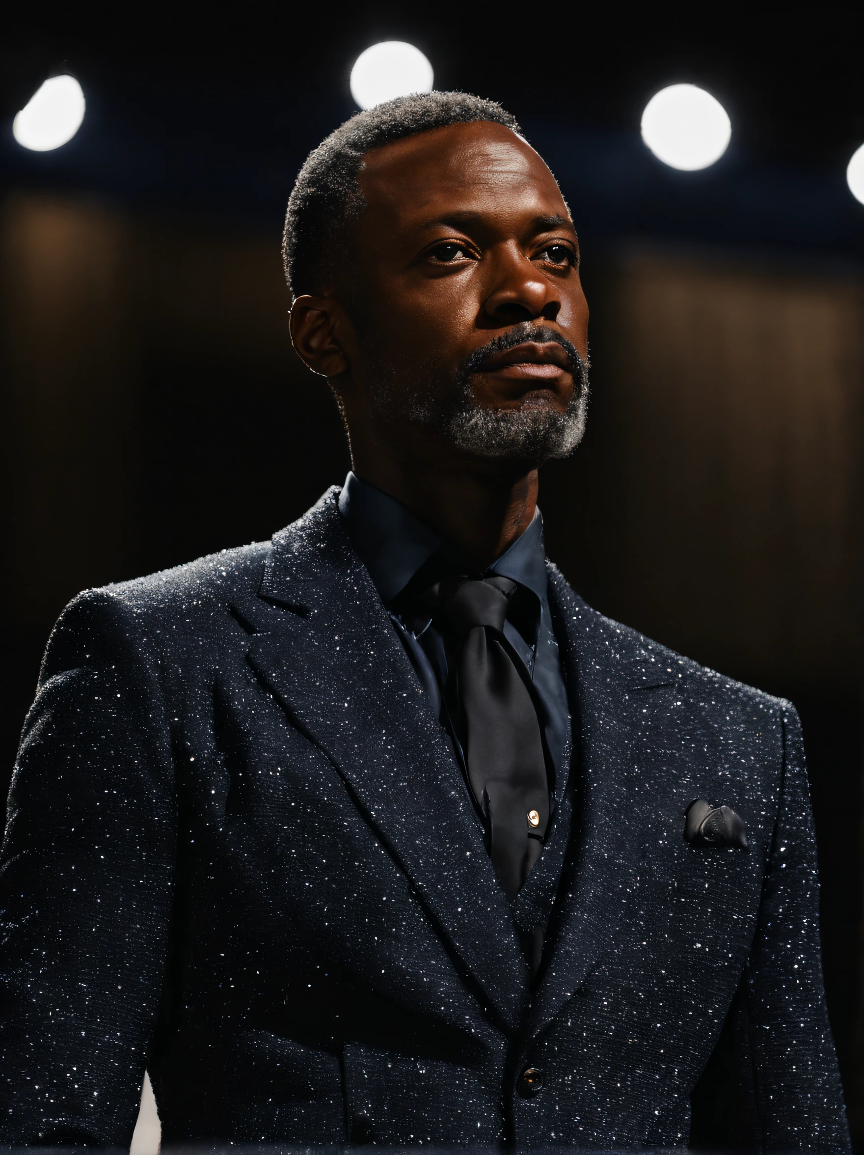 portrait of an middle-aged man, black man, model waliking fashion show, indoor, stage, (wearing a navi suit jacket:1.3) and pants, chanel, (raw:1.3), clear focus, 8k, soft-lighting, high quality, nice, professional, hyper-realist, field depth, intricate, high detail, film photography, soft focus, spot light