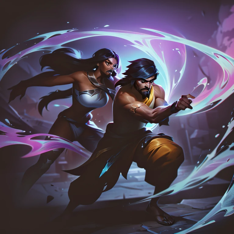 xayah and rakan but they are both brown skinned with black hair in dynamic fighting pose