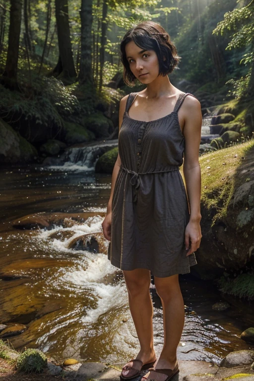 a cute girl with short, dark hair, wearing a short, simple, sleeveless dark brown crudely woven sack dress, she is attending to an old man dressed in rags at her feet, outdoors, in the forest, mountains, streams, sunshine, clouds, god rays, with an ethereal, heavenly glow around her, a miracle, a divine representative on Earth