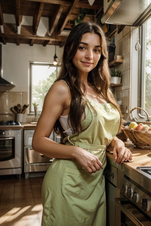 smiling person in a green kitchen