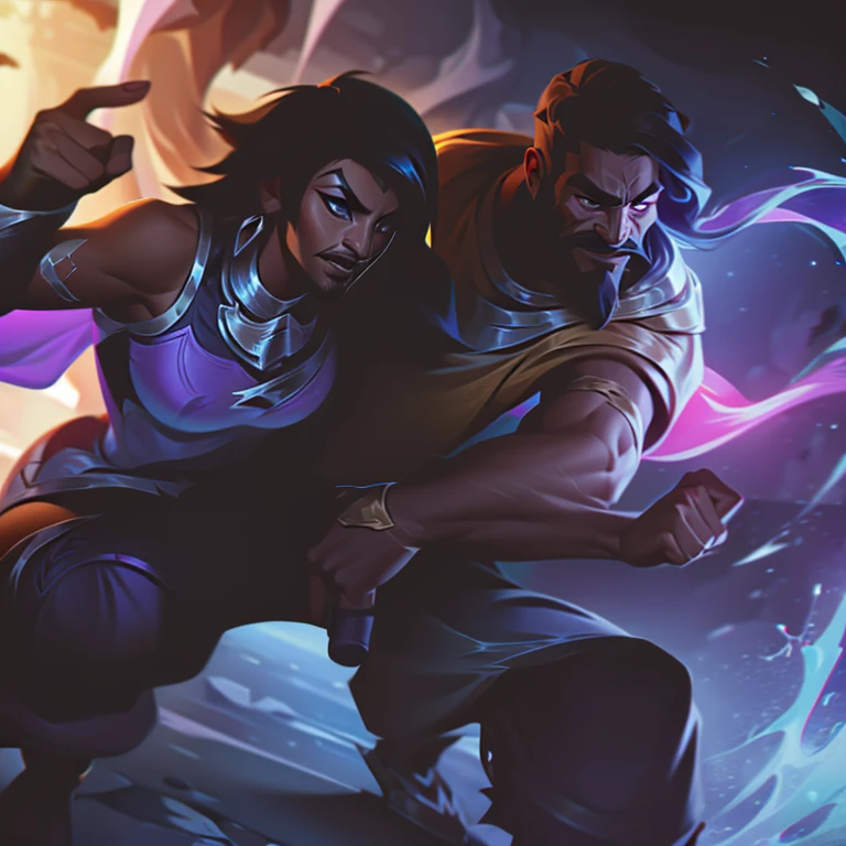 league of legends splash art style, cute woman with brown skin and short black hair and oversized hoodie, and man with shoulder length hair with full beard and mustache, both of them fighting in dynamic pose, couple inlove