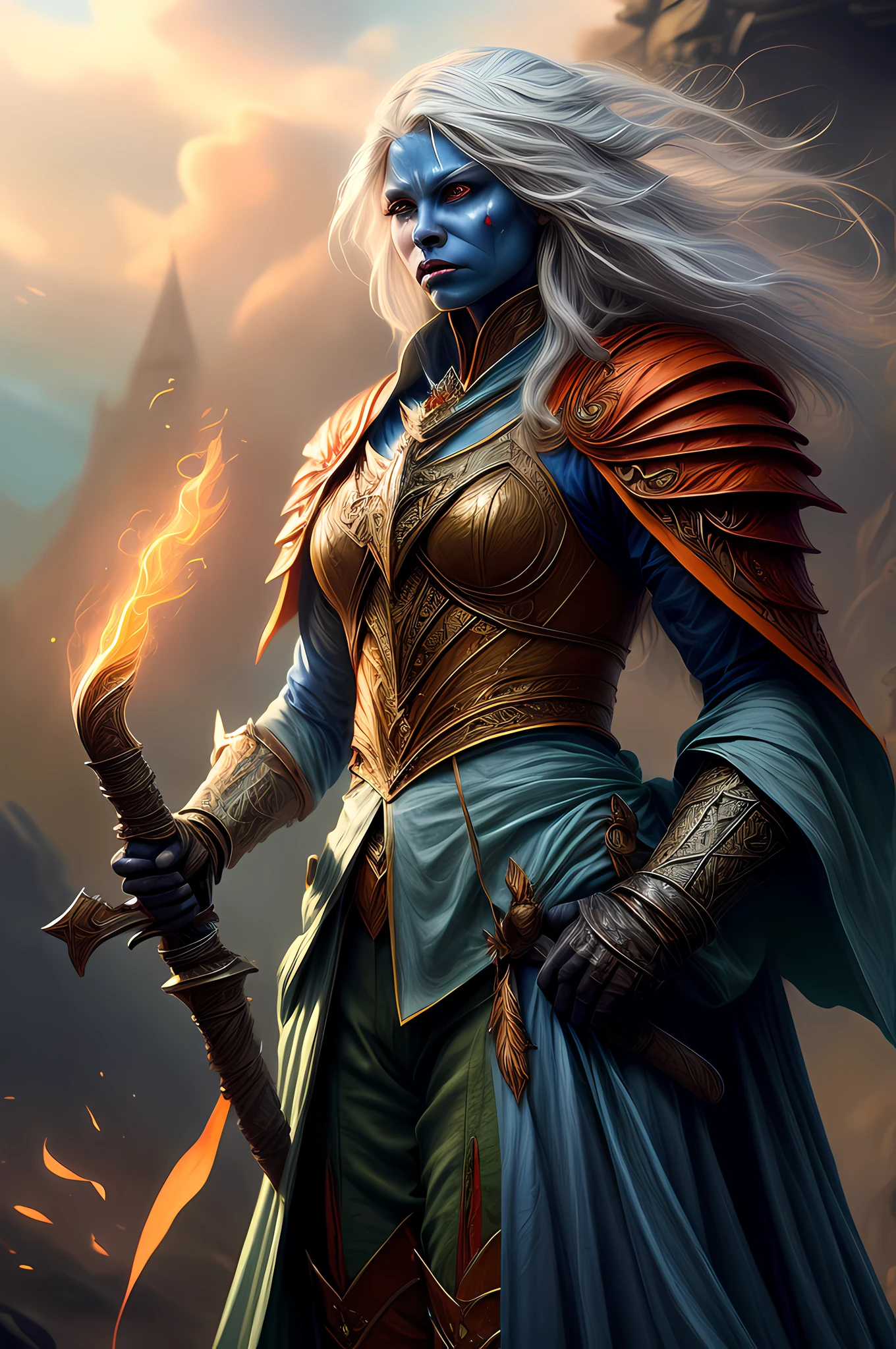 fantasy art, dnd art, RPG art, drkfntasy wide shot, (masterpiece:1.3), full body intense details, highly detailed, photorealistic, best quality, highres, portrait a vedalken female (fantasy art, Masterpiece, best quality: 1.3) (blue colored skin: 1.3), intense details facial detail fantasy art, Masterpiece, best quality)cleric, (blue colored skin: 1.3) 1person blue_skin, (white hair: 1.3), long hair, intense green eye, fantasy art, Masterpiece, best quality) armed a fiery sword red fire, wearing heavy (white: 1.3) half plate mail armor LnF wearing high heeled laced boots, wearing an(orange :1.3) cloak, wearing glowing holy symbol GlowingRunes_yellow,  within fantasy temple background and sun and clouds, reflection light, high details, best quality, 16k, [ultra detailed], masterpiece, best quality, (extremely detailed), dynamic angle, ultra wide shot, photorealistic, RAW, fantasy art, dnd art, fantasy art, realistic art
