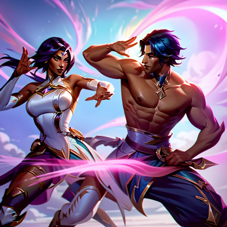 xayah and rakan but they are both brown skinned with black hair in dynamic fighting pose