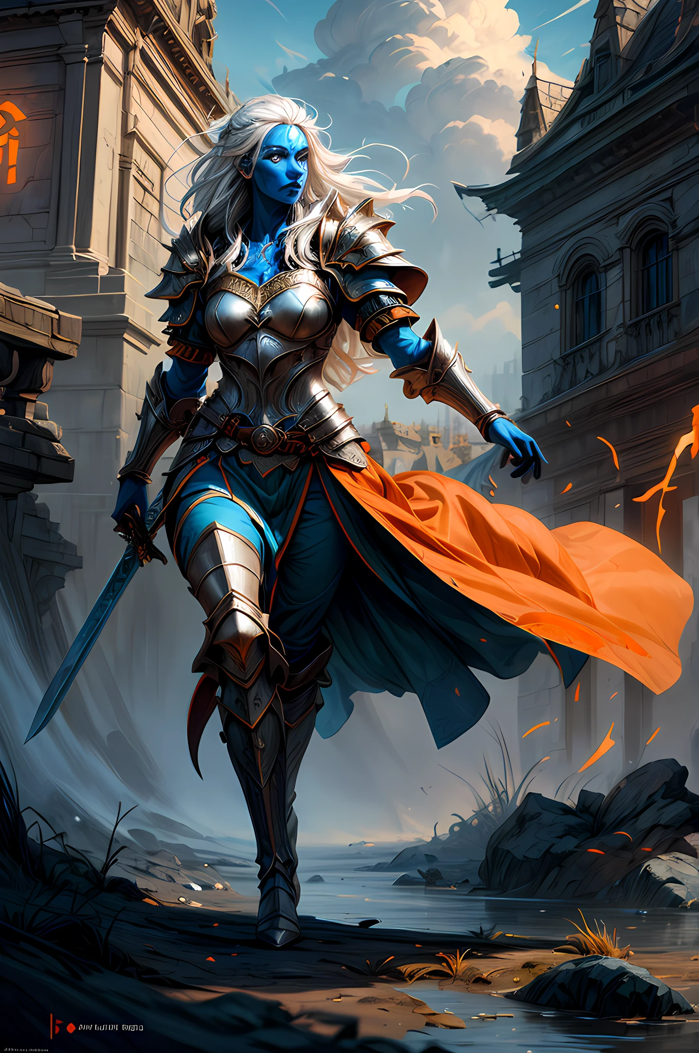 fantasy art, dnd art, RPG art, drkfntasy wide shot, (masterpiece:1.3), full body intense details, highly detailed, photorealistic, best quality, highres, portrait a vedalken female (fantasy art, Masterpiece, best quality: 1.3) (blue colored skin: 1.3), intense details facial detail fantasy art, Masterpiece, best quality)cleric, (blue colored skin: 1.3) 1person blue_skin, (white hair: 1.3), long hair, intense green eye, fantasy art, Masterpiece, best quality) armed a fiery sword red fire, wearing heavy (white: 1.3) half plate mail armor LnF wearing high heeled laced boots, wearing an(orange :1.3) cloak, wearing glowing holy symbol GlowingRunes_yellow,  within fantasy temple background and sun and clouds, reflection light, high details, best quality, 16k, [ultra detailed], masterpiece, best quality, (extremely detailed), dynamic angle, ultra wide shot, photorealistic, RAW, fantasy art, dnd art, fantasy art, realistic art