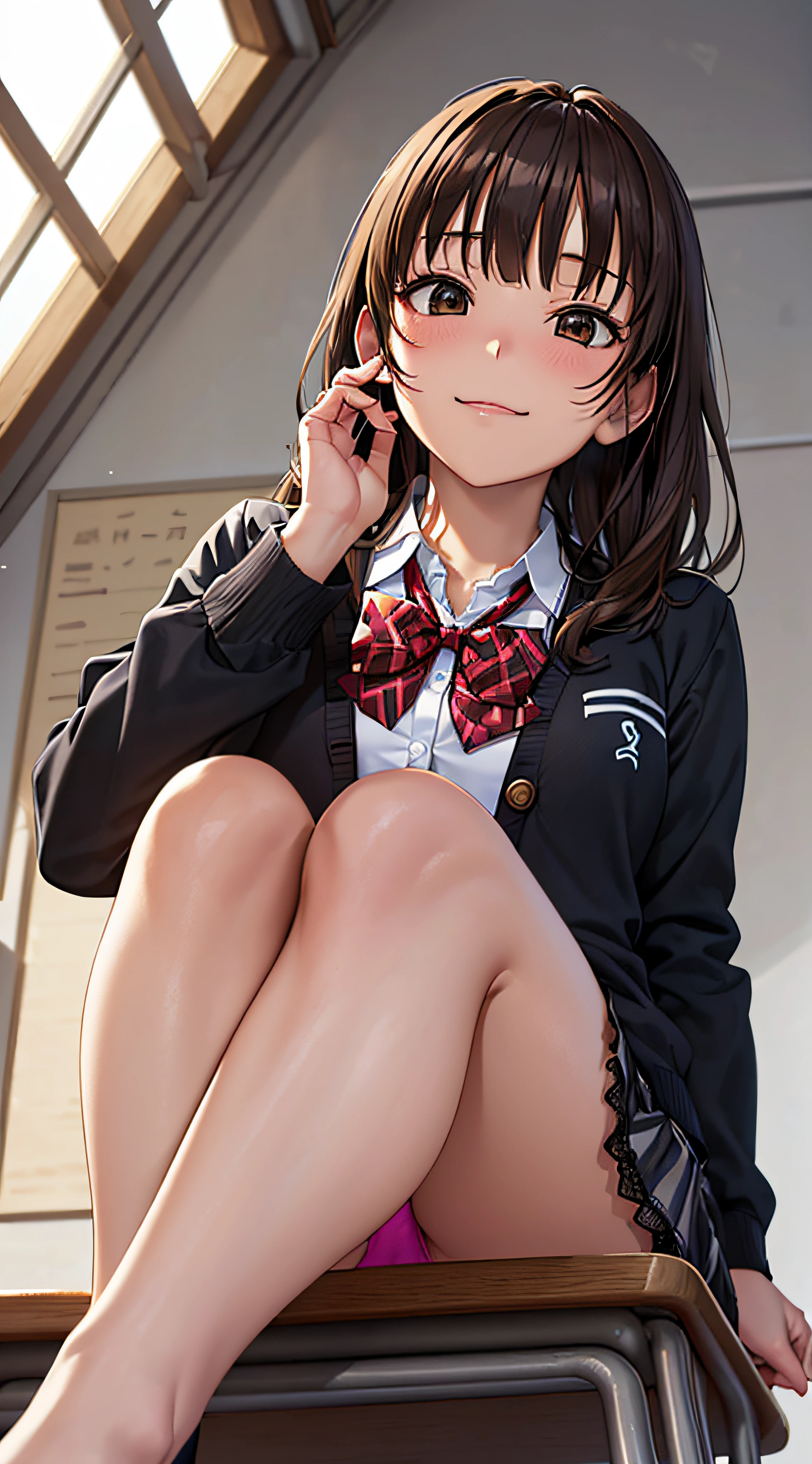 ((masutepiece, Best Quality, hight resolution, nffsw, Perfect Pixel, 4K, nffsw, nffsw))), 1girl in, Single, Solo, Beautie、full body seen、 ((Middle Wave Hair, Bangs, Brown hair)), ((Brown-eyed, Beautiful eyelashes, Realistic eyes)), ((Detailed face, Blushing:1.2)), ((Smooth texture:0.75, Realistic texture:0.65, Photorealistic:1.1, Anime CG style)), medium breasts, Dynamic Angle, Perfect body, ((red bowtie, School uniform, Black jacket, Open jacket, Brown cardigan, White shirt, Black skirt, plaid skirts、I'm not wearing shoes、White Sox)), Classrooms without people、Sit on a desk、Lower'I took my foot off the desk............、early evening、、((Angle looking up from below))、Very embarrassing panic smile、(Lift the skirt with your right hand、Open both legs、pale blue floral lace panties)、
