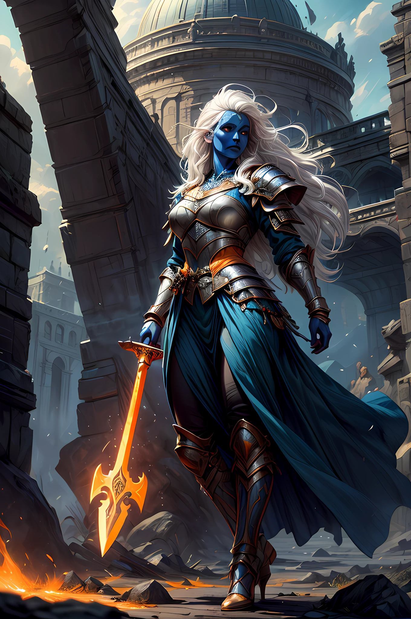 fantasy art, dnd art, RPG art, drkfntasy wide shot, (masterpiece:1.3), full body intense details, highly detailed, photorealistic, best quality, highres, portrait a vedalken female (fantasy art, Masterpiece, best quality: 1.3) (blue colored skin: 1.3), intense details facial detail fantasy art, Masterpiece, best quality)cleric, (blue colored skin: 1.3) 1person blue_skin, (white hair: 1.3), long hair, intense green eye, fantasy art, Masterpiece, best quality) armed a fiery sword red fire, wearing heavy (white: 1.3) half plate mail armor LnF wearing high heeled laced boots, wearing an(orange :1.3) cloak, wearing glowing holy symbol GlowingRunes_yellow,  within fantasy temple background and sun and clouds, reflection light, high details, best quality, 16k, [ultra detailed], masterpiece, best quality, (extremely detailed), dynamic angle, ultra wide shot, photorealistic, RAW, fantasy art, dnd art, fantasy art, realistic art