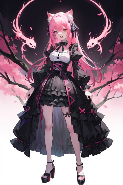 (masutepiece, Best Quality, High resolution: 1.2), 1 girl, Standing Solo, single character full body, full body concept, detail pink big eyes,Gothic ta, Pink hair, Cat ears,Style ArtGerm, Full Body Detail 4K,Devilish smile with wide open mouth,And its detailed full-body detail 4K