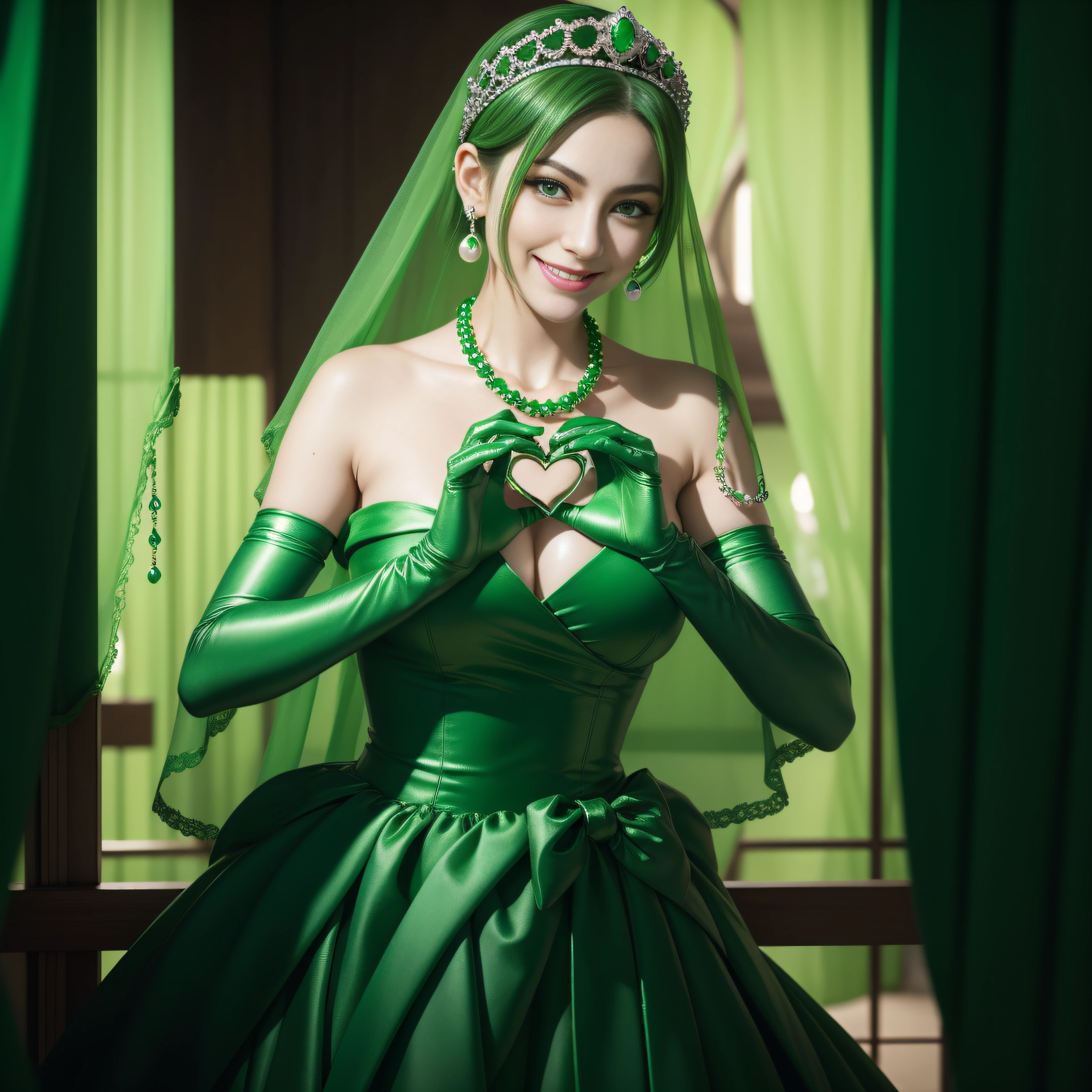 emerald tiara, Green Pearl Necklace, Boyish very short green hair, lipsticks, Japan woman smiling, very short short hair, big breasts beautiful, Green eyes, Long green gloves made of satin material, Green eyes, Emerald Earrings, green vale, Heart with both hands, Green hair