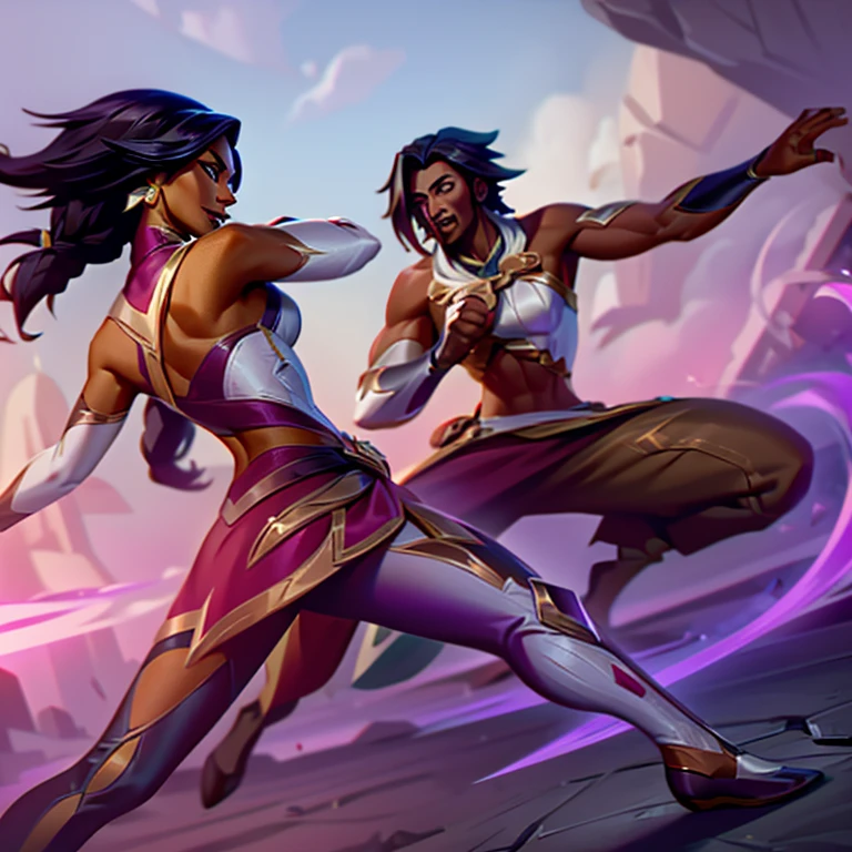 xayah and rakan but they are both brown skinned with black hair in dynamic fighting pose