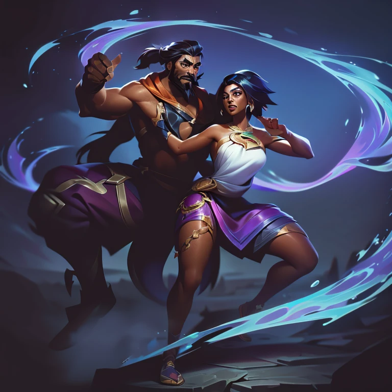 league of legends splash art style, cute woman with brown skin and short black hair and oversized hoodie, and man with shoulder length hair with full beard and mustache, both of them fighting in dynamic pose, couple inlove